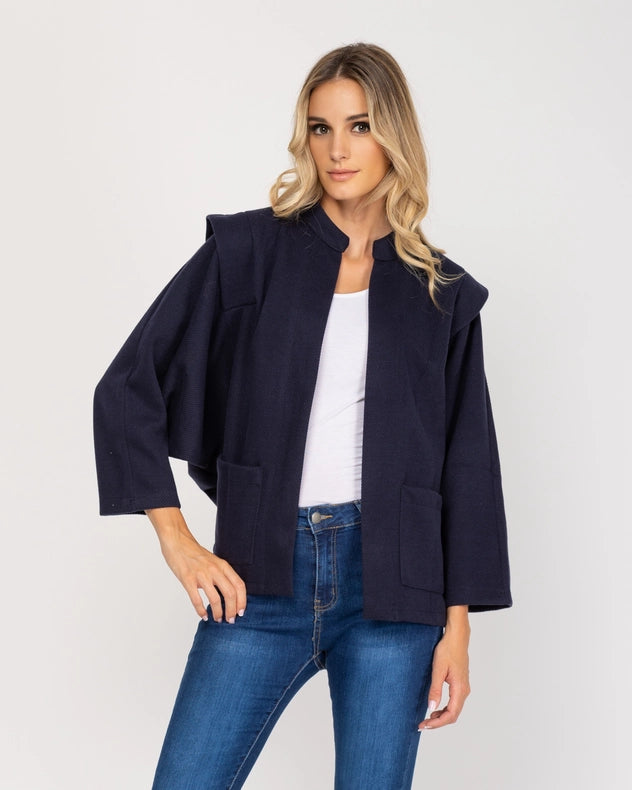 Oversized Long Sleeve Open Jacket With Front Pocket Navy