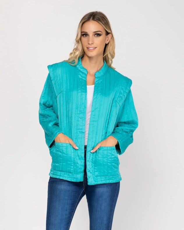 Oversized Long Sleeve Open Jacket With Front Pocket Turquoise