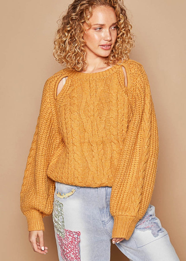 POL Cable Knit Cutout Long Sleeve Sweater