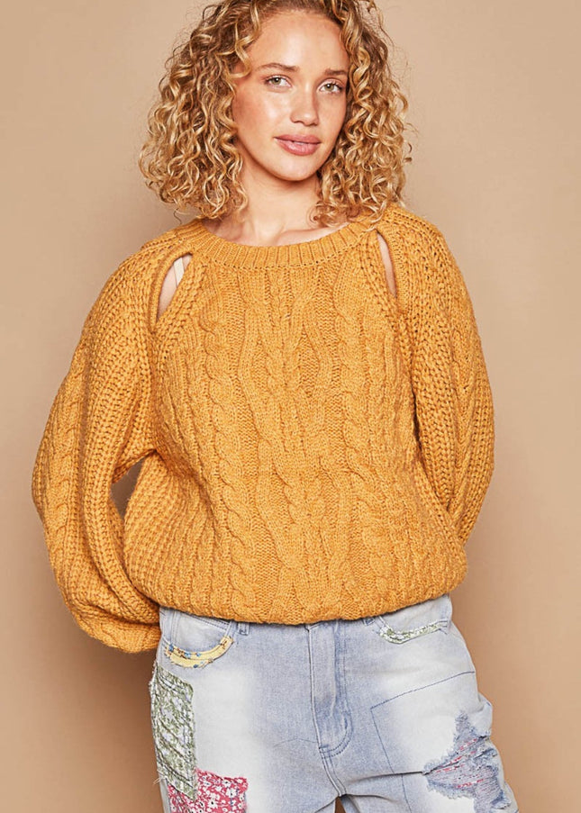 POL Cable Knit Cutout Long Sleeve Sweater