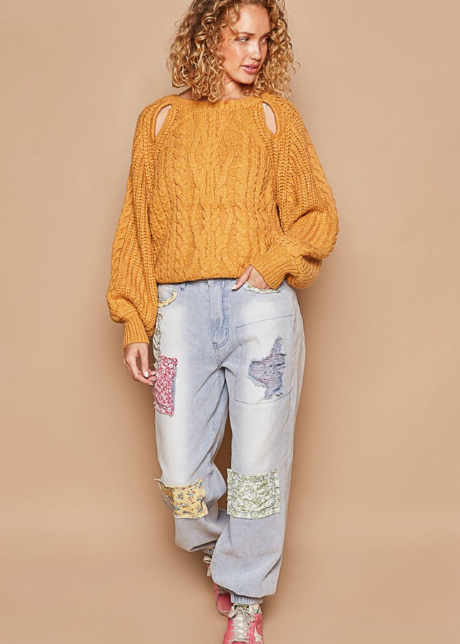 POL Cable Knit Cutout Long Sleeve Sweater