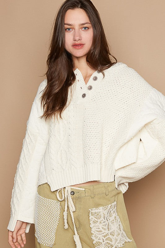 POL Cable-Knit Quarter Button Hooded Sweater