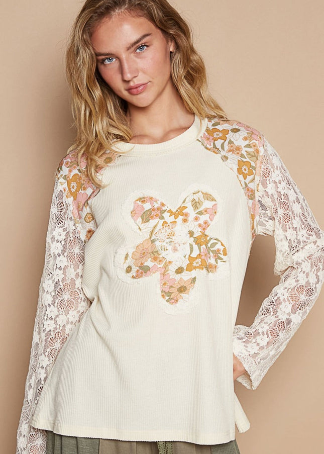 POL Flower Patch Lace Sleeve Knit Top