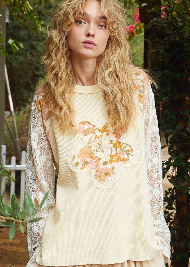 POL Flower Patch Lace Sleeve Knit Top