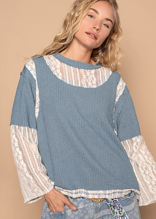 POL Lace Panel Round Neck Long Sleeve Top