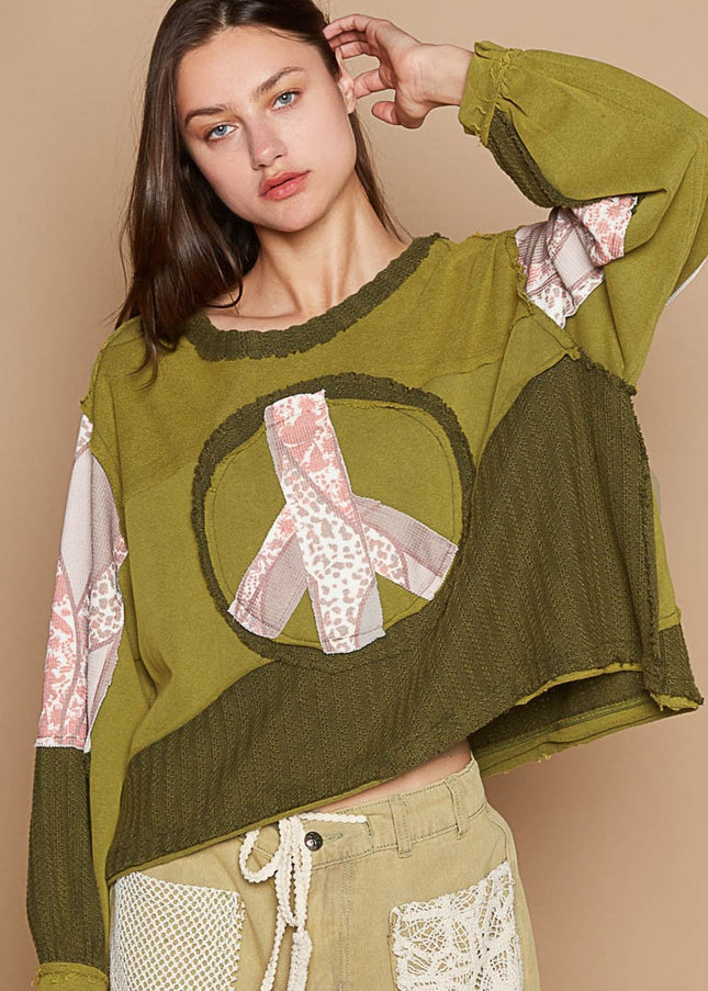 POL Long Sleeve Cut Sew Peace Emblem Top