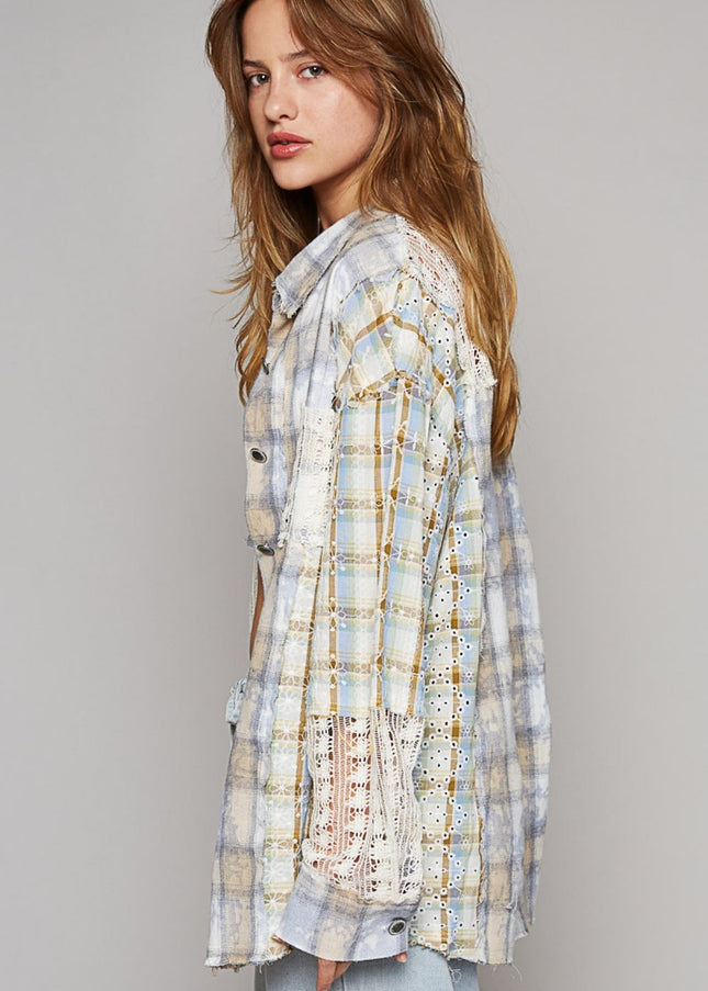 POL Long Sleeve Embroidered Crochet Plaid Shirt