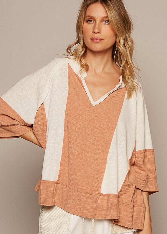 POL Notched Frayed Edge Contrast Top