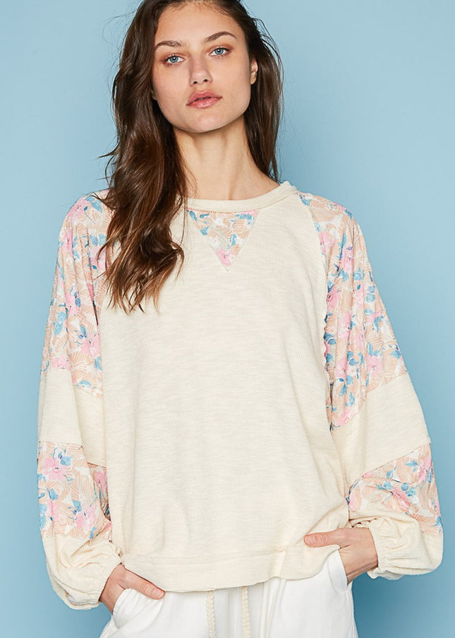 POL Round Neck Balloon Floral Long Sleeve Top