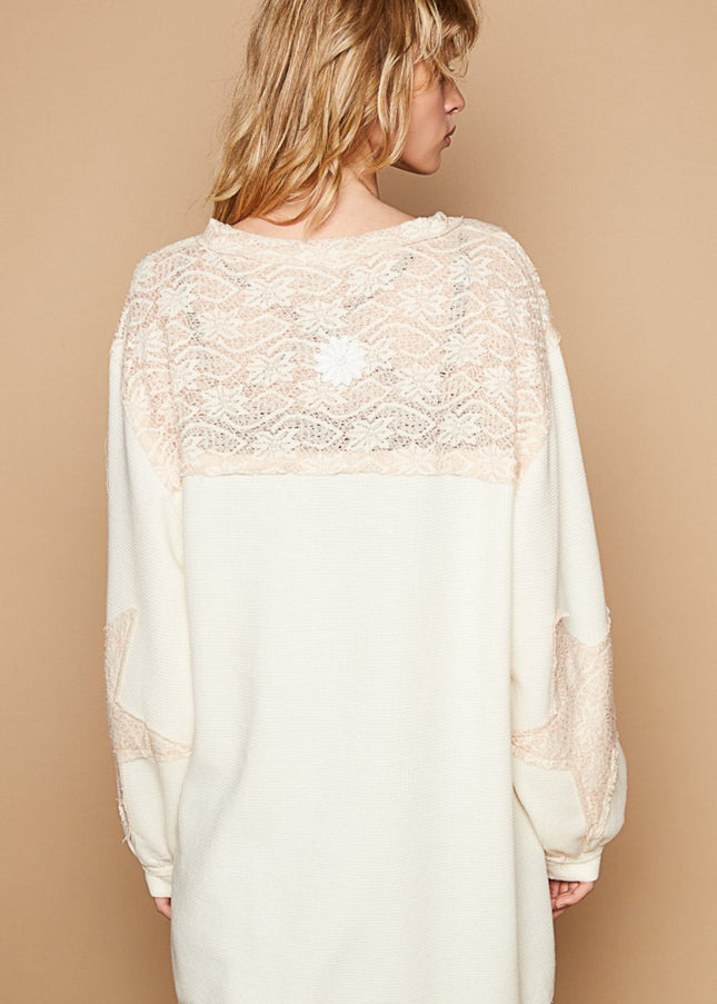 POL Round Neck Long Sleeve Crochet Patches Top