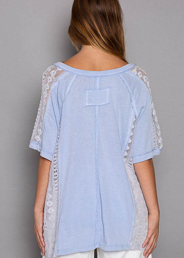 POL Short Sleeve Lace Crochet Panel Top