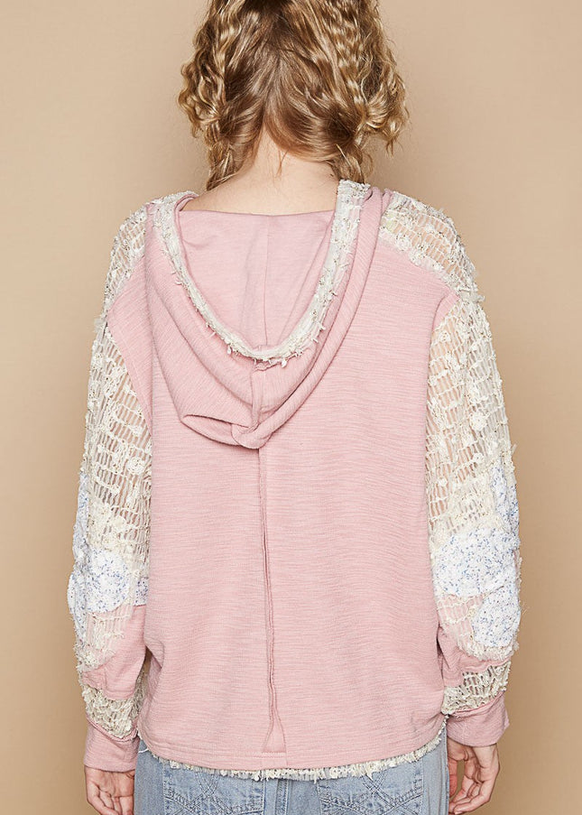 POL Star Patch Lace Long Sleeve Hooded Top