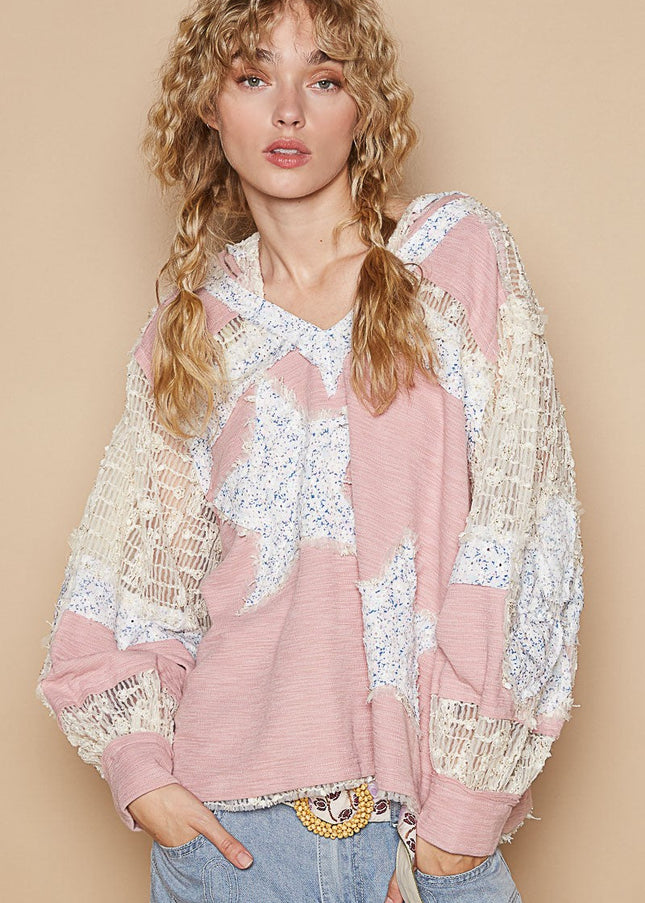 POL Star Patch Lace Long Sleeve Hooded Top