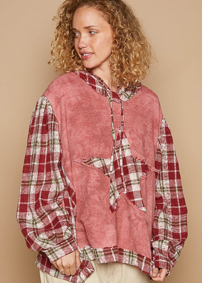 POL Star Patch Plaid Long Sleeve Hooded Top