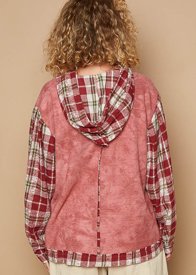 POL Star Patch Plaid Long Sleeve Hooded Top