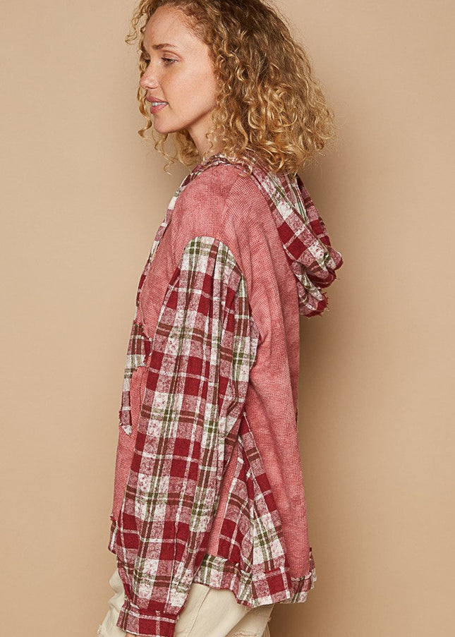 POL Star Patch Plaid Long Sleeve Hooded Top