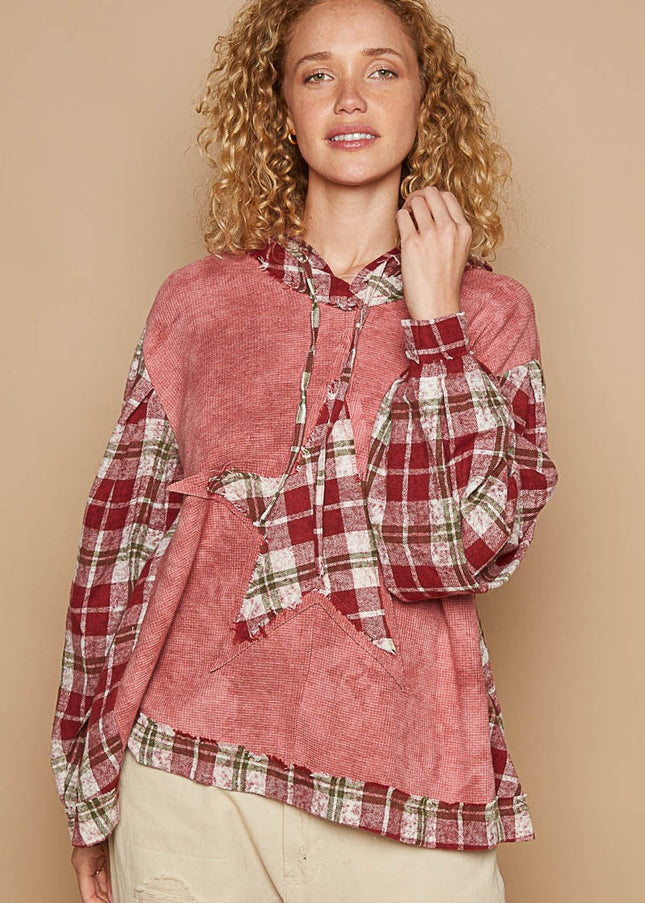 POL Star Patch Plaid Long Sleeve Hooded Top