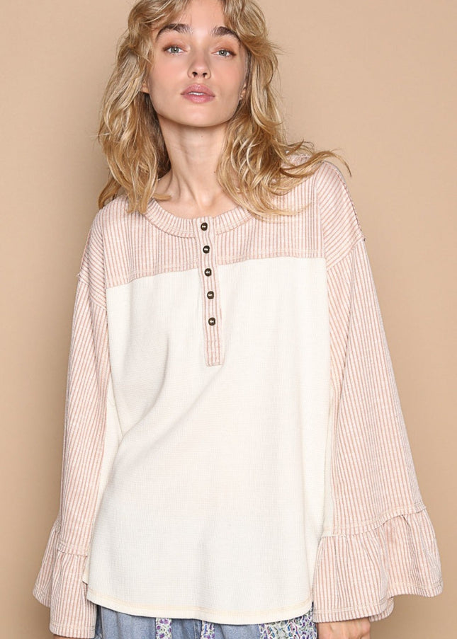 POL Striped Flounce Sleeve Exposed Seam Top