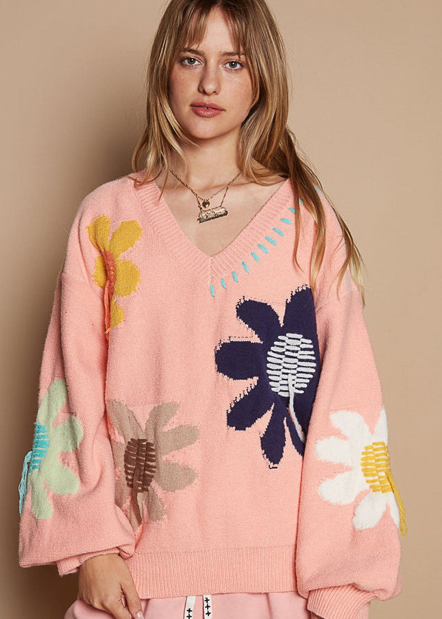 POL V-Neck Long Sleeve Flower Fringe Sweater