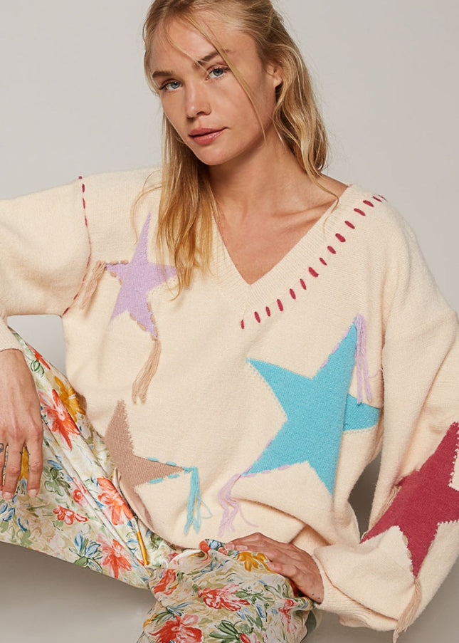 POL V-Neck Long Sleeve Star Fringe Sweater