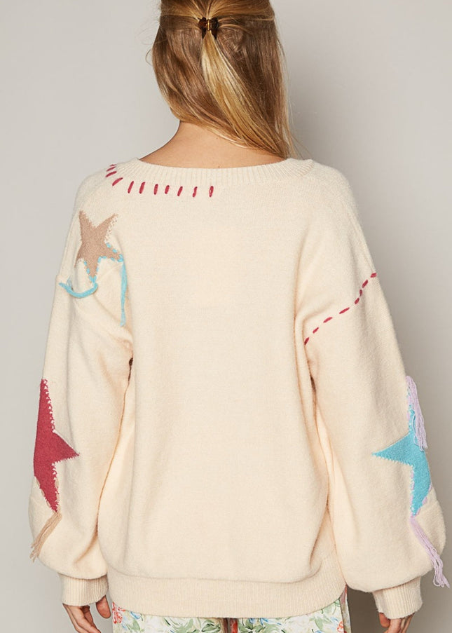 POL V-Neck Long Sleeve Star Fringe Sweater