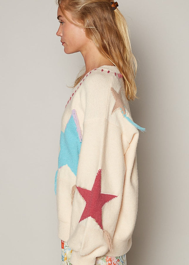 POL V-Neck Long Sleeve Star Fringe Sweater