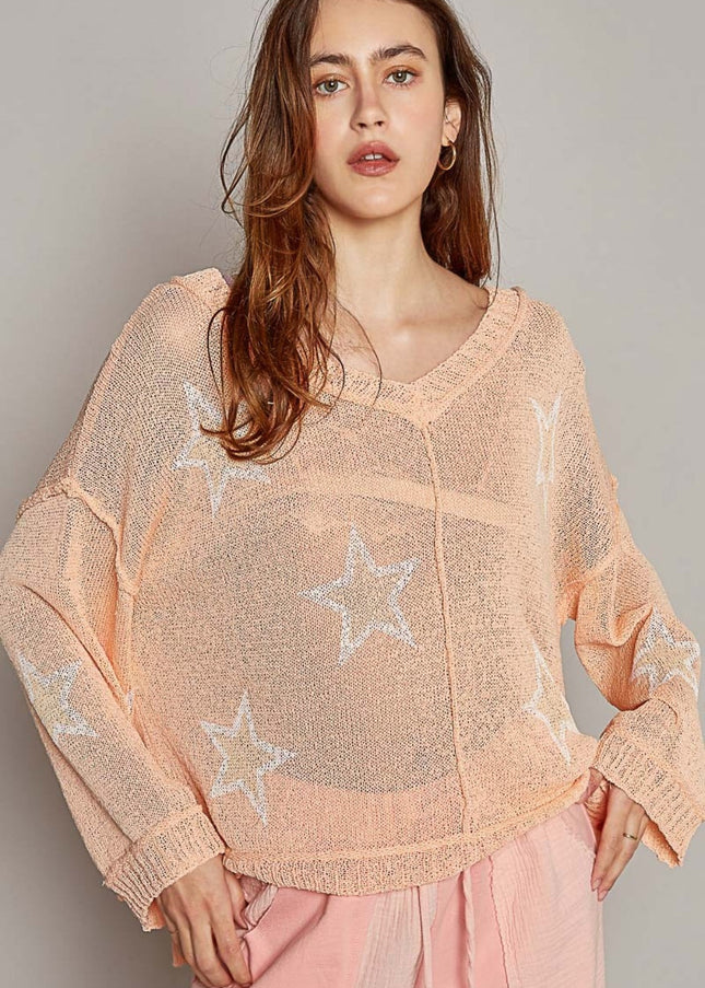 POL V-Neck Long Sleeve Star Print Knit Top