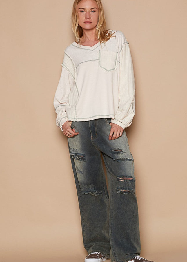 POL V-Neck knit Panel Exposed Seam Top