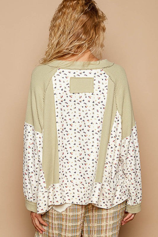 POL Waffle Knit Floral Notched Long Sleeve Top