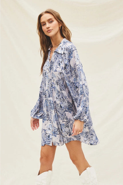 Paisley Fron Pleat Mini Dress