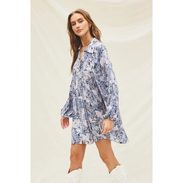 Paisley Fron Pleat Mini Dress