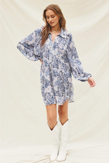 Paisley Fron Pleat Mini Dress