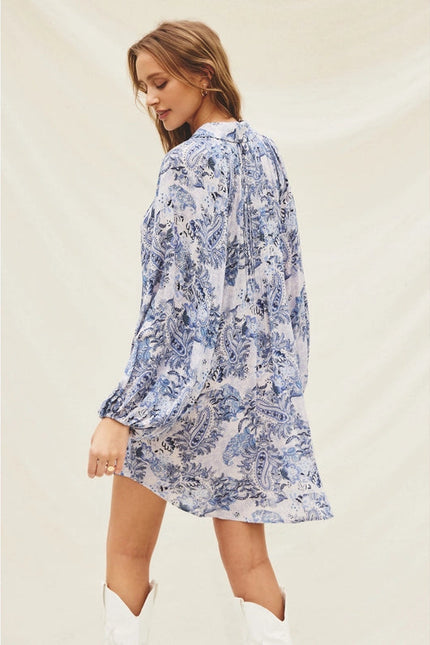 Paisley Fron Pleat Mini Dress