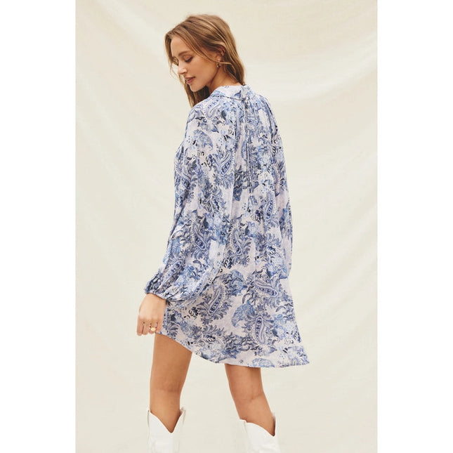 Paisley Fron Pleat Mini Dress