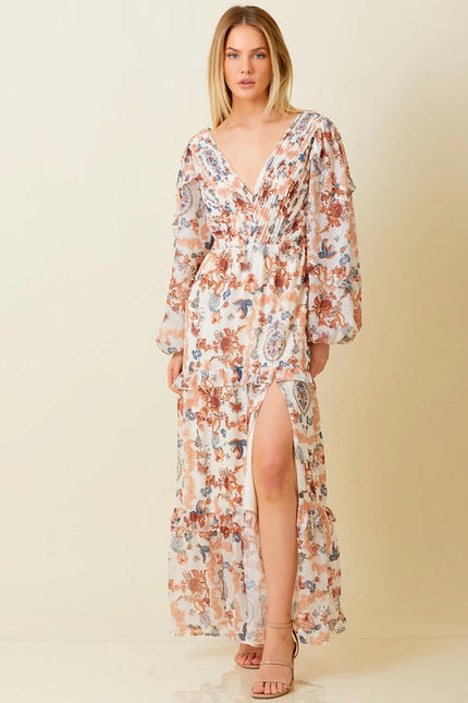 Paisley Print Pleated Ruffle Maxi Dress