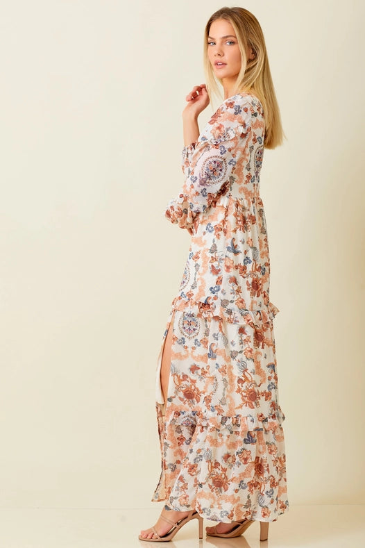 Paisley Print Pleated Ruffle Maxi Dress