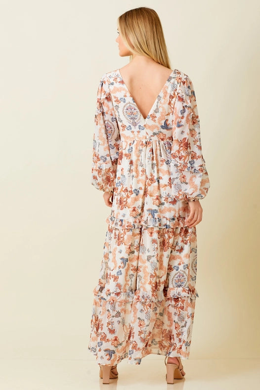 Paisley Print Pleated Ruffle Maxi Dress