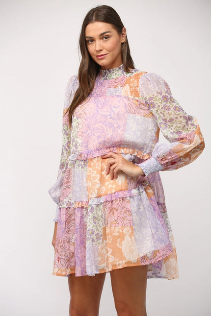 Patchwork Print Chiffon Mock Neck Tiered Dress