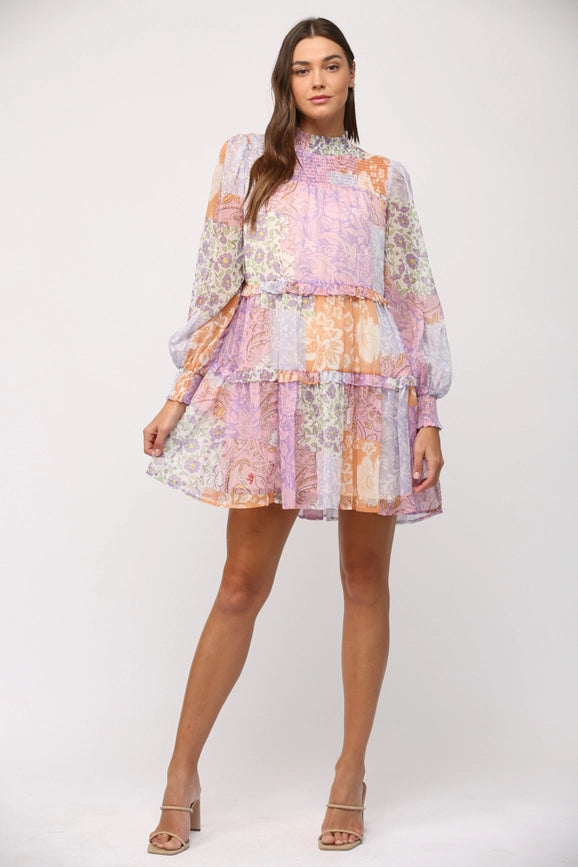 Patchwork Print Chiffon Mock Neck Tiered Dress