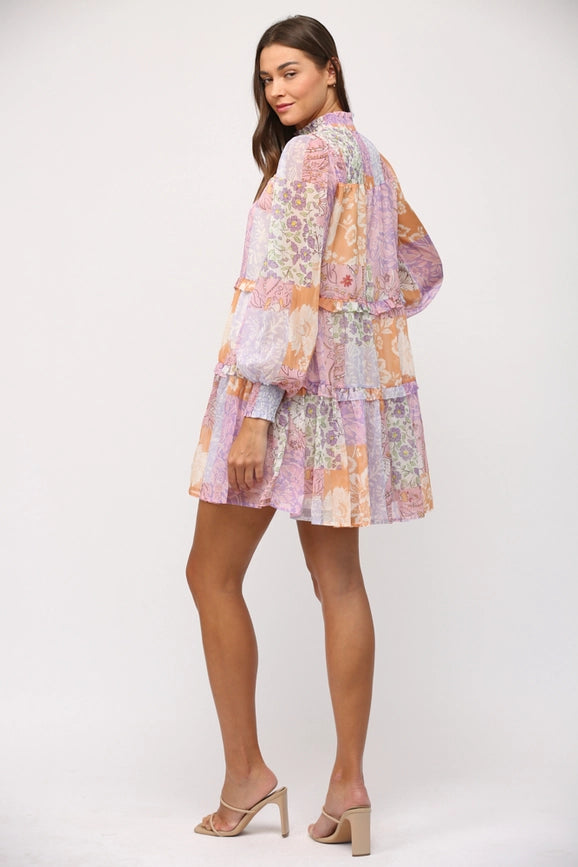 Patchwork Print Chiffon Mock Neck Tiered Dress