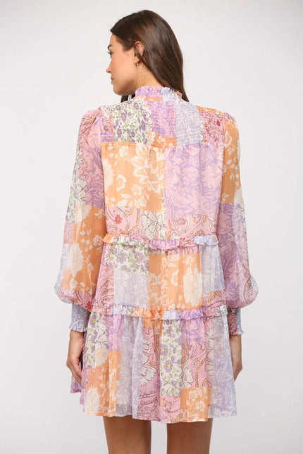 Patchwork Print Chiffon Mock Neck Tiered Dress