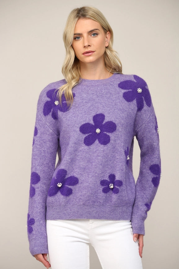 Pearl Floral Jacquard Knit Fuzzy Sweater