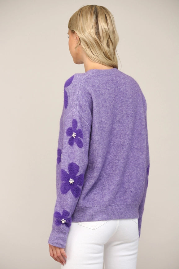 Pearl Floral Jacquard Knit Fuzzy Sweater