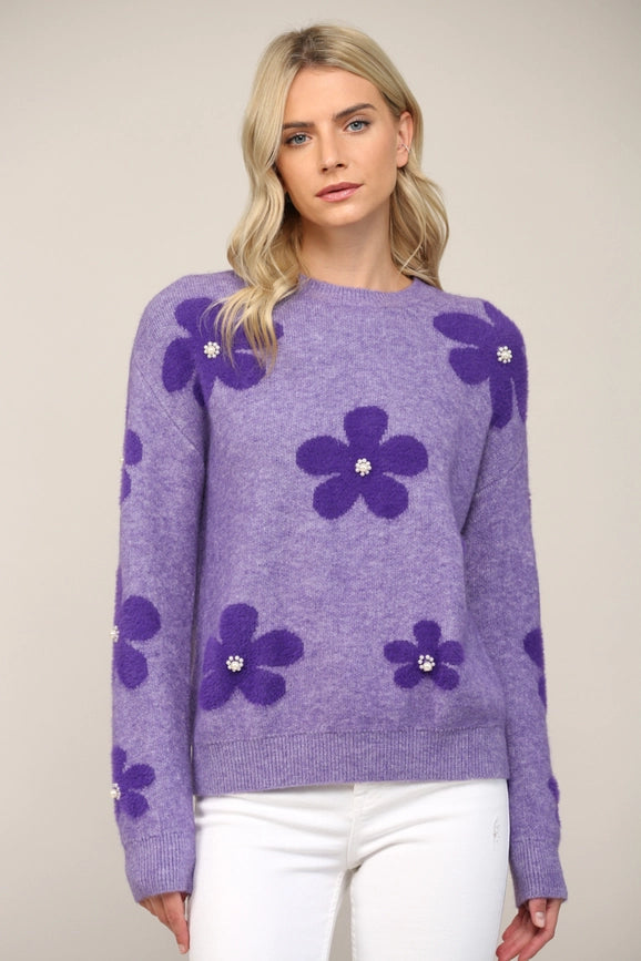 Pearl Floral Jacquard Knit Fuzzy Sweater