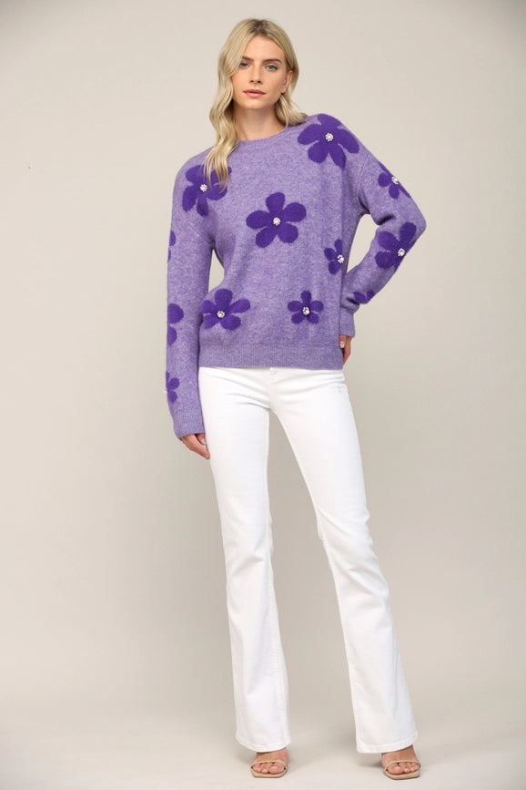 Pearl Floral Jacquard Knit Fuzzy Sweater