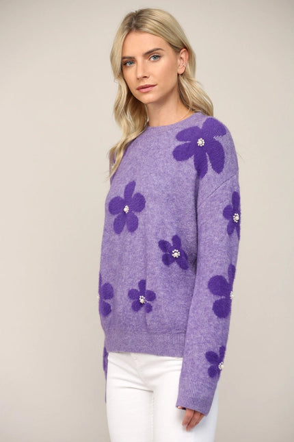 Pearl Floral Jacquard Knit Fuzzy Sweater