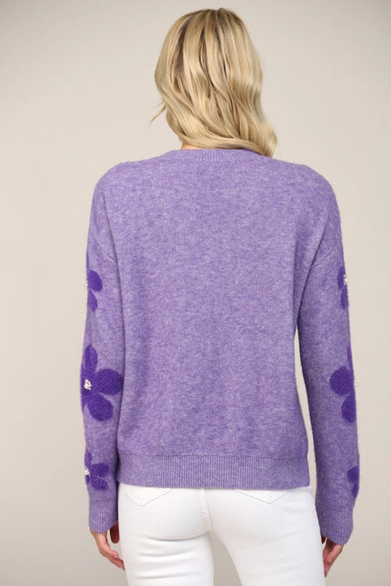 Pearl Floral Jacquard Knit Fuzzy Sweater