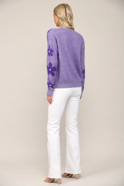 Pearl Floral Jacquard Knit Fuzzy Sweater