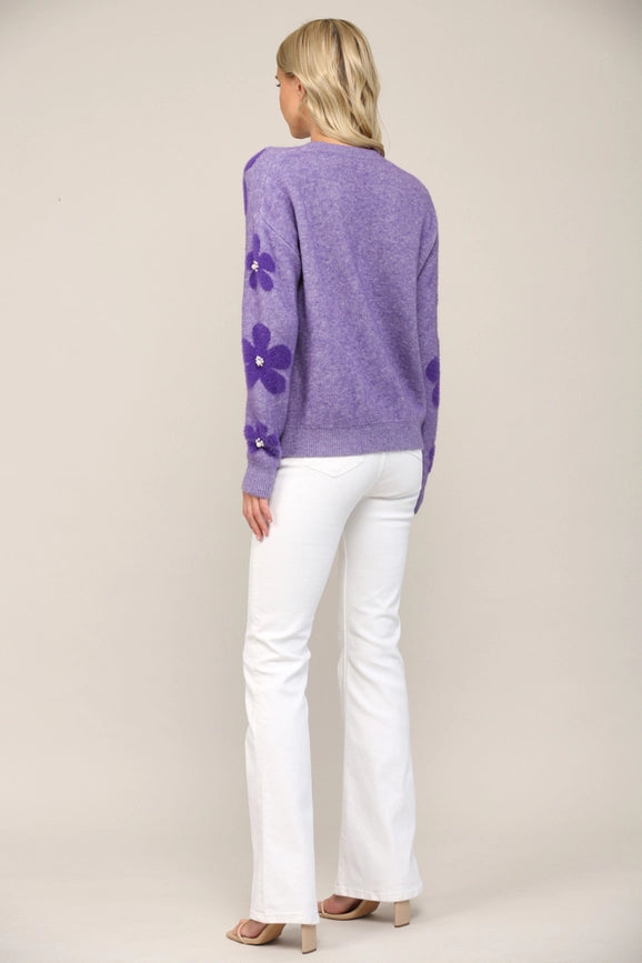 Pearl Floral Jacquard Knit Fuzzy Sweater