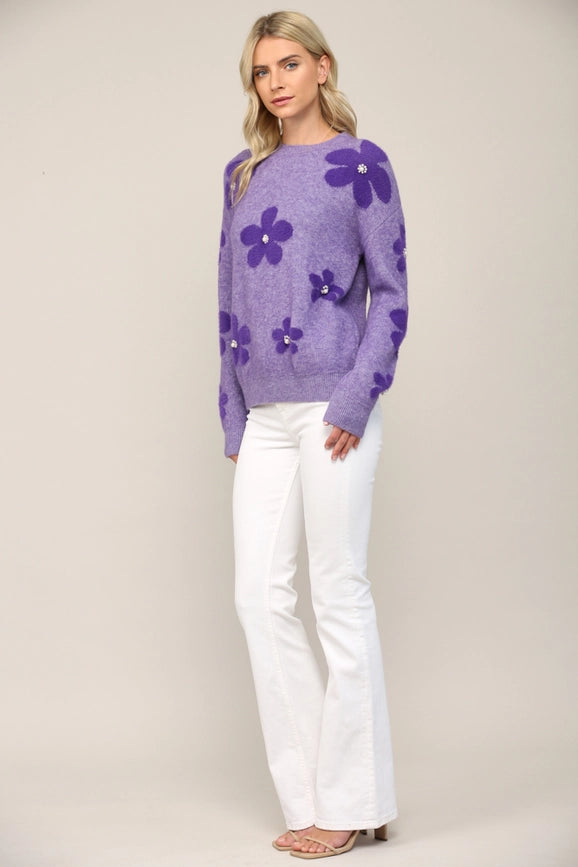 Pearl Floral Jacquard Knit Fuzzy Sweater